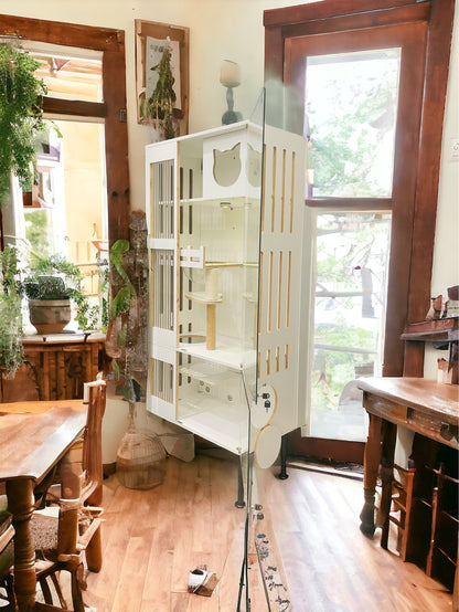 貓傢俬 貓櫃 貓屋 貓籠 貓別墅 貓爬架 貓網 貓樹 貓屋180CM高*90CM寬*60CM厚 大型上下層豪華連通雙自由門吊床設計新西蘭松木實木製造 MOSO貓嫂