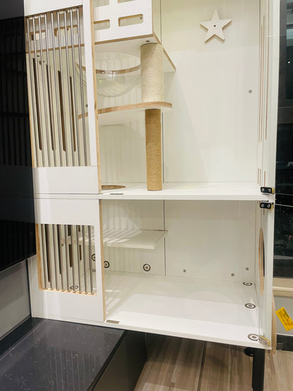 貓傢俬 貓櫃 貓屋 貓籠 貓別墅 貓爬架 貓網 貓樹 貓屋180CM高*90CM寬*60CM厚 大型上下層豪華連通雙自由門吊床設計新西蘭松木實木製造 MOSO貓嫂